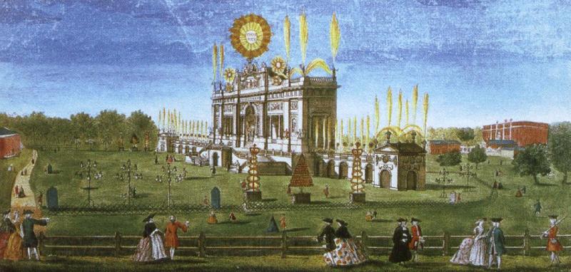 wolfgang amadeus mozart a contemporary artist s view of the structure erected in  green park for the 1749 firework display celebrating the peace of aix la chapelle. France oil painting art